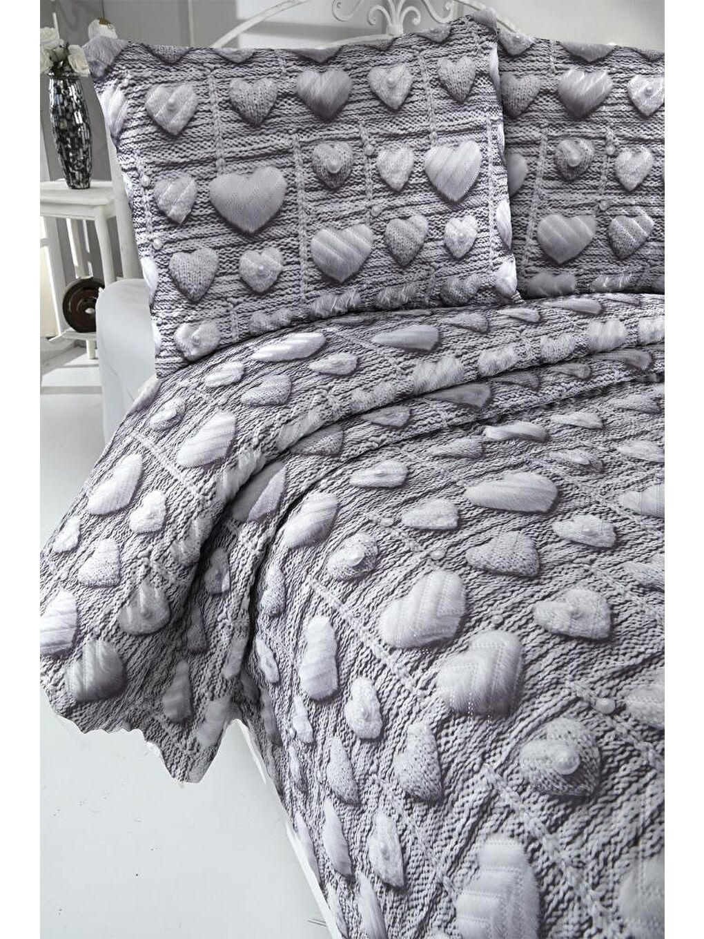 Kalpten Ultrasonik Kapitoneli 5D Baskılı Çift Kişilik Yatak Örtüsü Gri-3