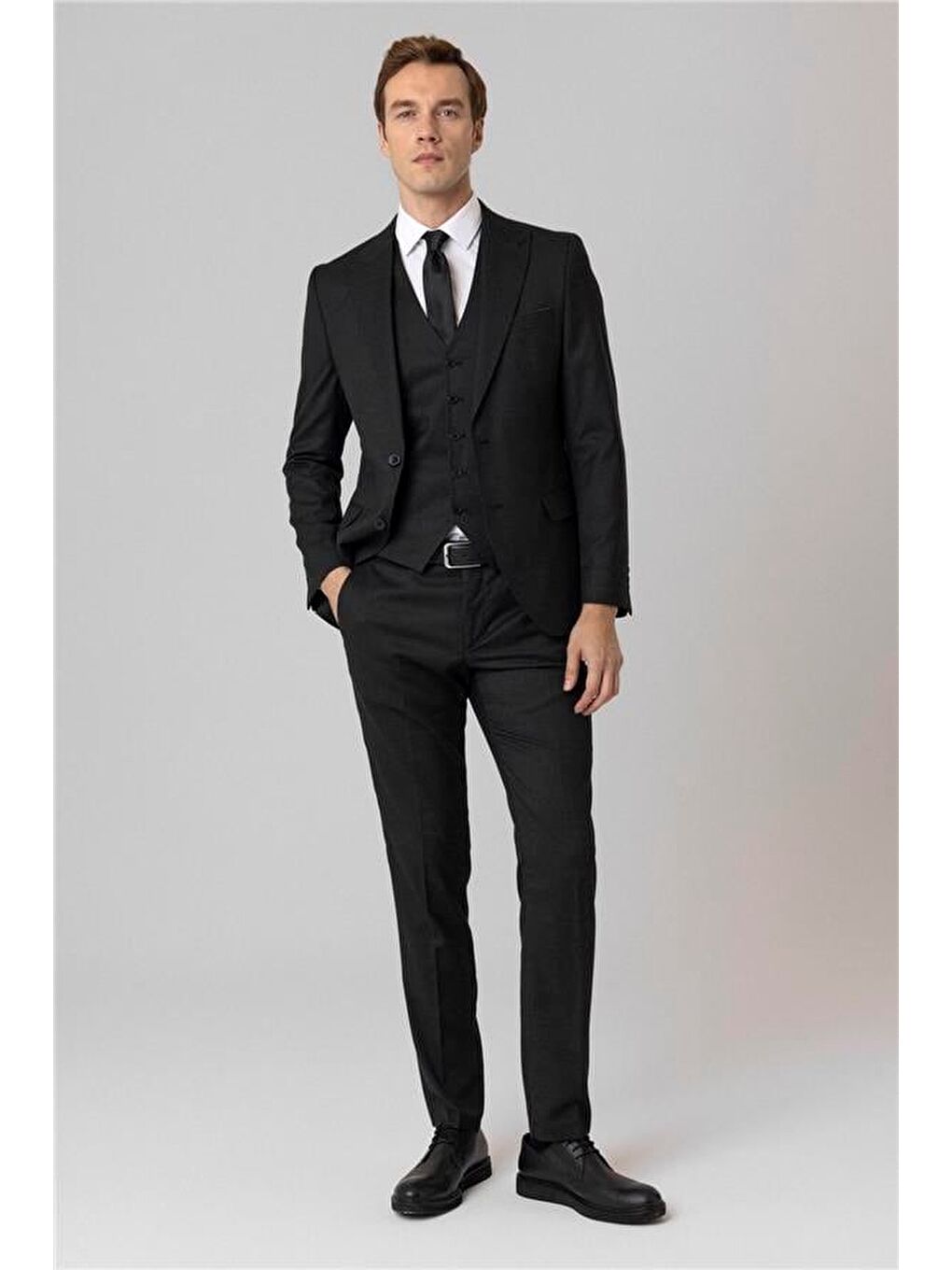 Siyah Slim Armürlü Sivri Yaka 6 Drop Yelekli Takım Elbise-2