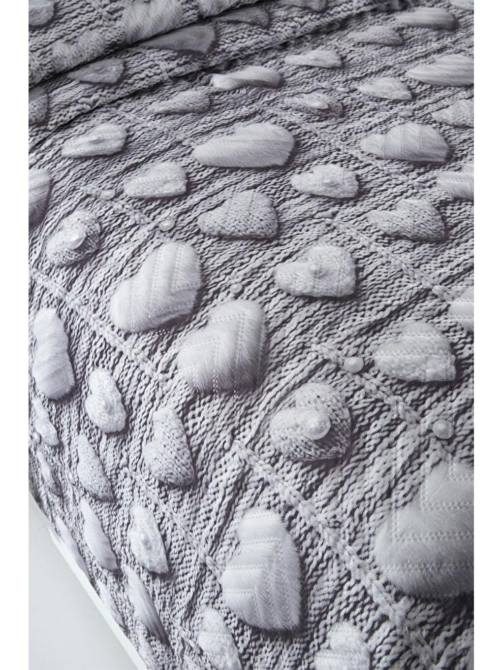 Kalpten Ultrasonik Kapitoneli 5D Baskılı Çift Kişilik Yatak Örtüsü Gri-4