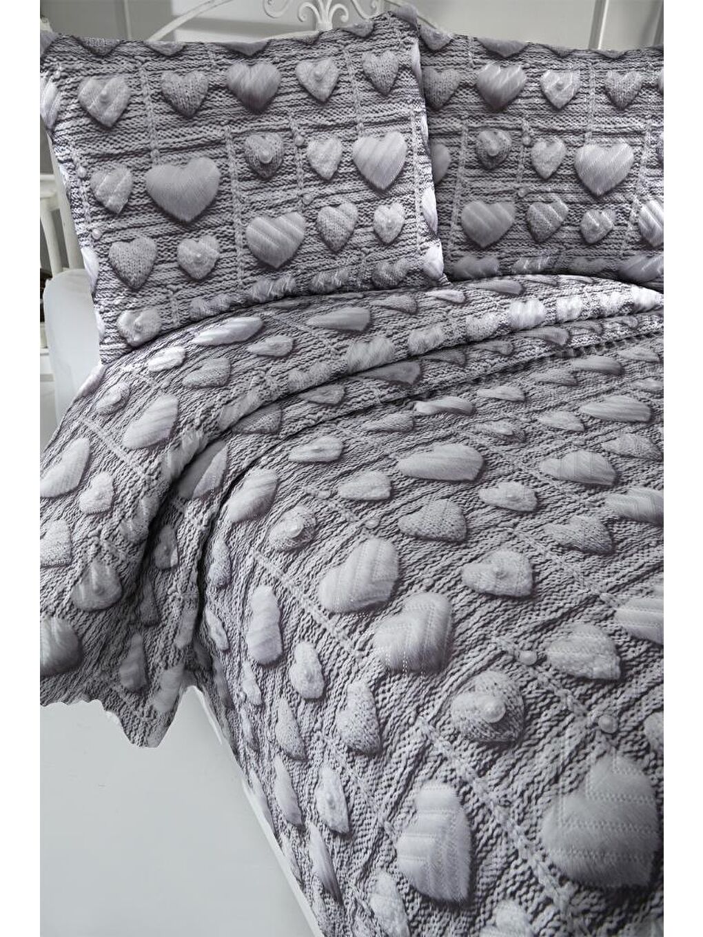 Kalpten Ultrasonik Kapitoneli 5D Baskılı Çift Kişilik Yatak Örtüsü Gri-5