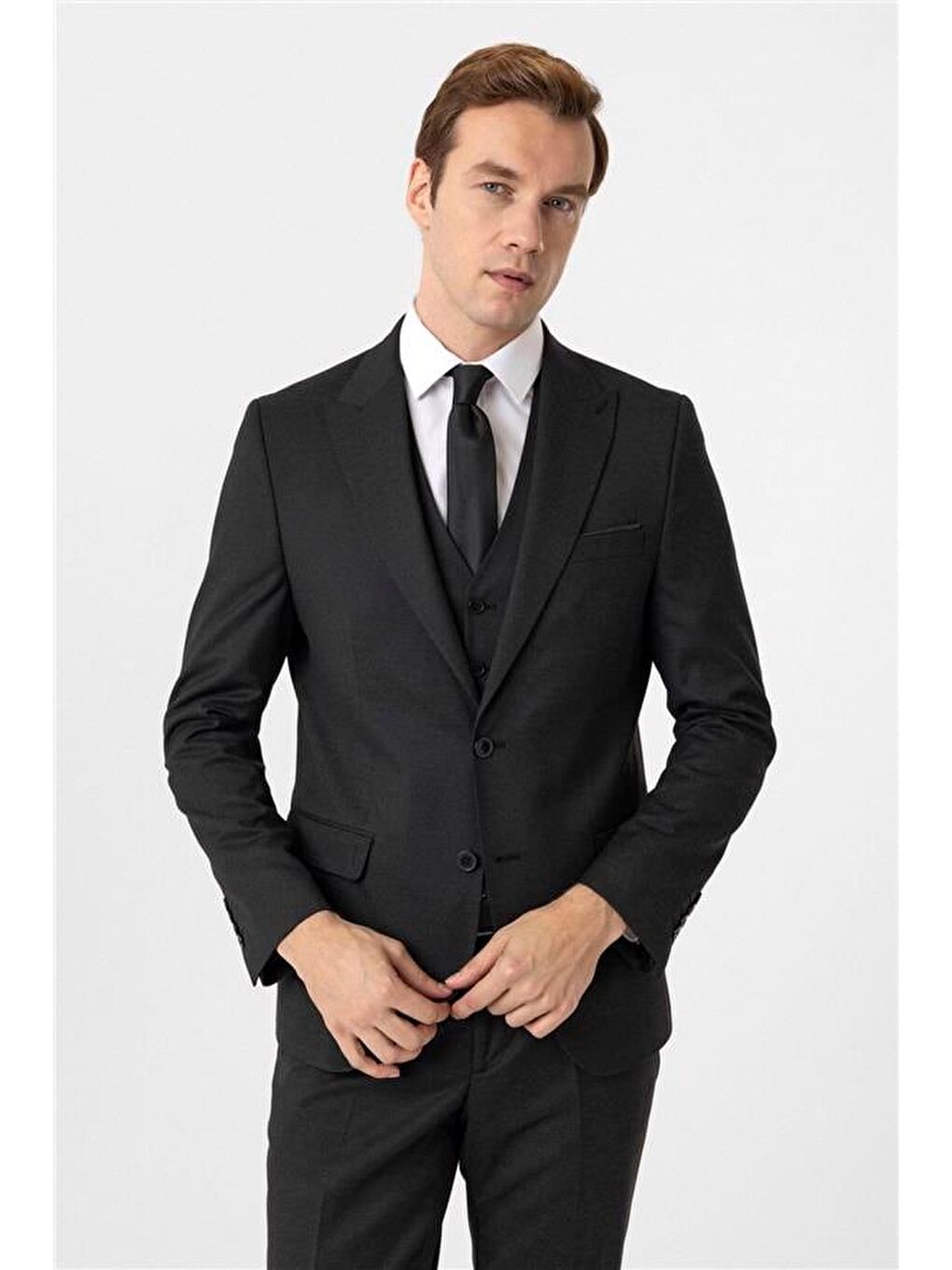 Siyah Slim Armürlü Sivri Yaka 6 Drop Yelekli Takım Elbise-3