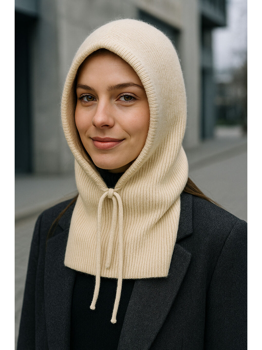 Kadın Triko Bej Balaklava Boyunluk Şapka BYN05