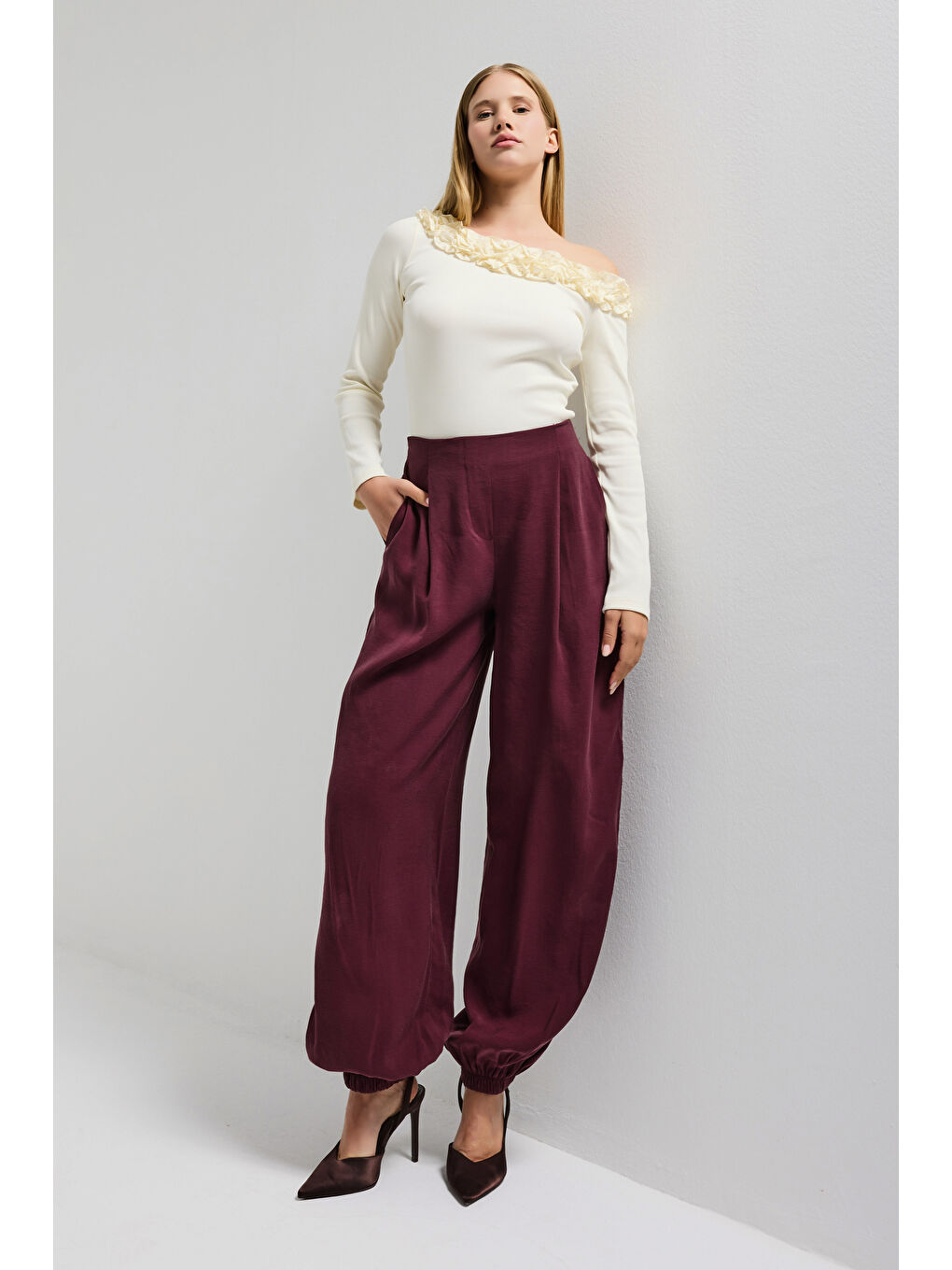 Kadın Bordo s6-35 Baggy Jogger Bol Kesim Pantolon-3