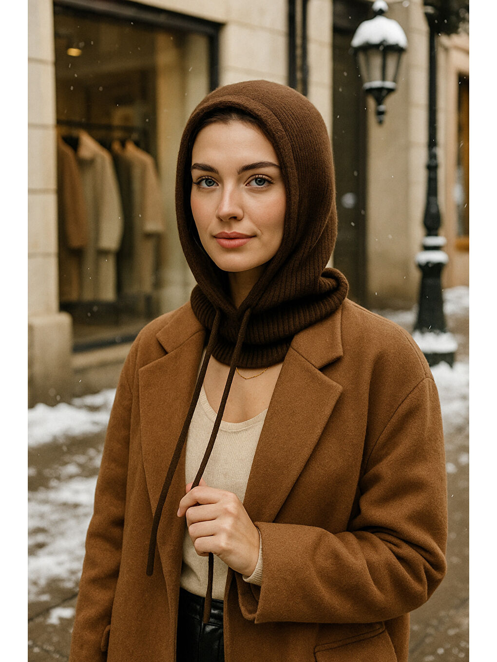 Kahverengi Kadın Triko Kahve Balaklava Boyunluk Şapka BYN05