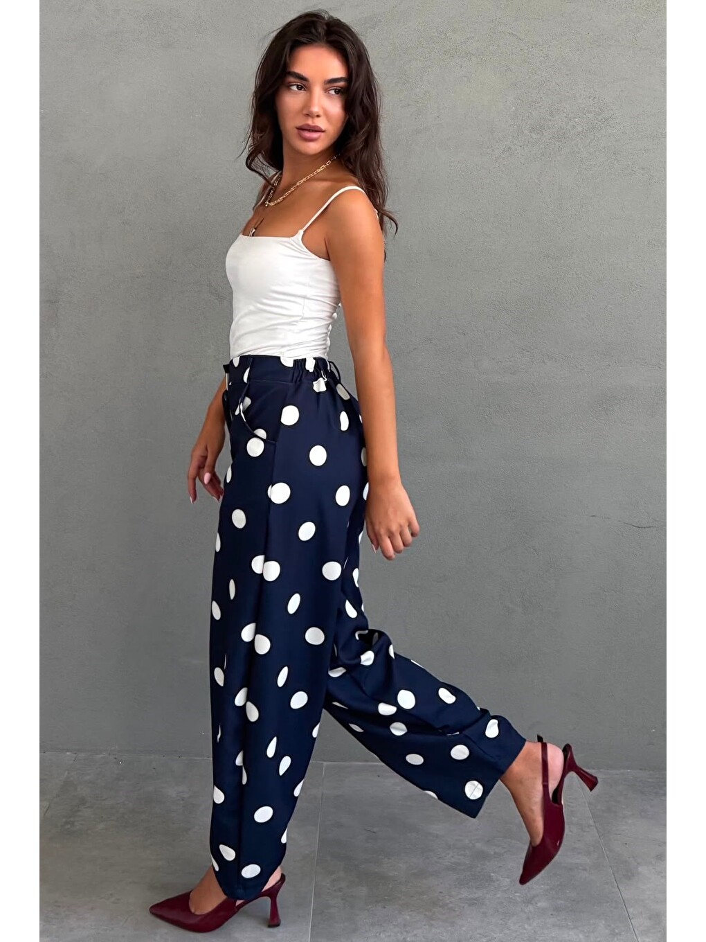 Lacivert Puantiyeli Beli Lastikli Balon Kadın Pantolon Mg2886-4