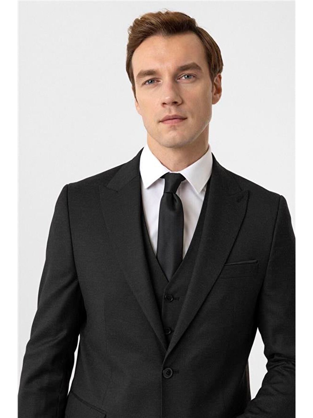 Siyah Slim Armürlü Sivri Yaka 6 Drop Yelekli Takım Elbise-5