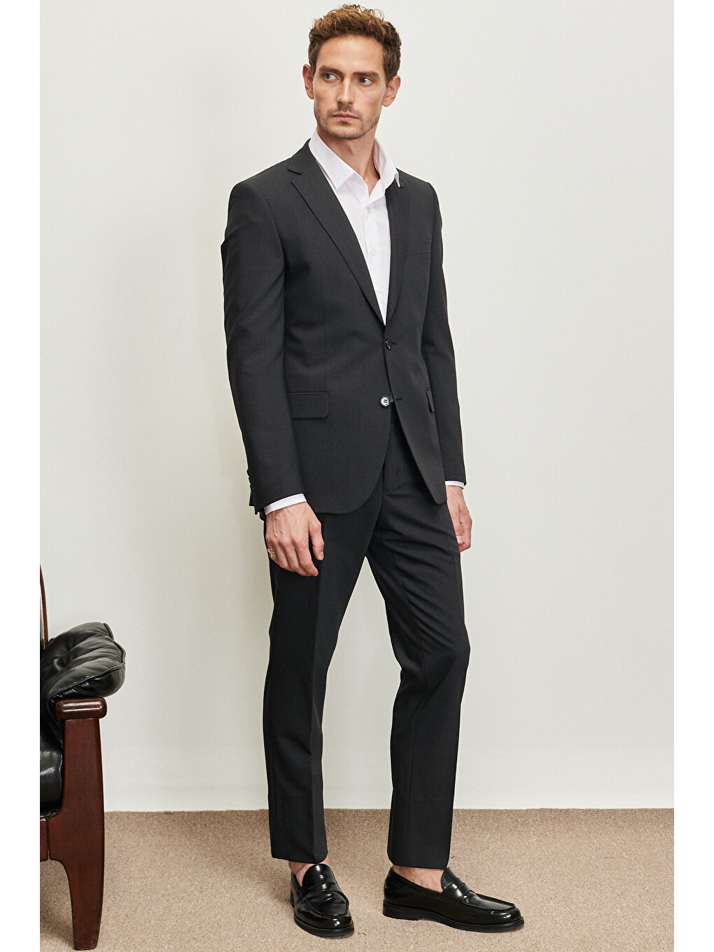 Erkek Antrasit Slim Fit Dar Kesim Mono Yaka Kareli Yünlü Takım Elbise-3