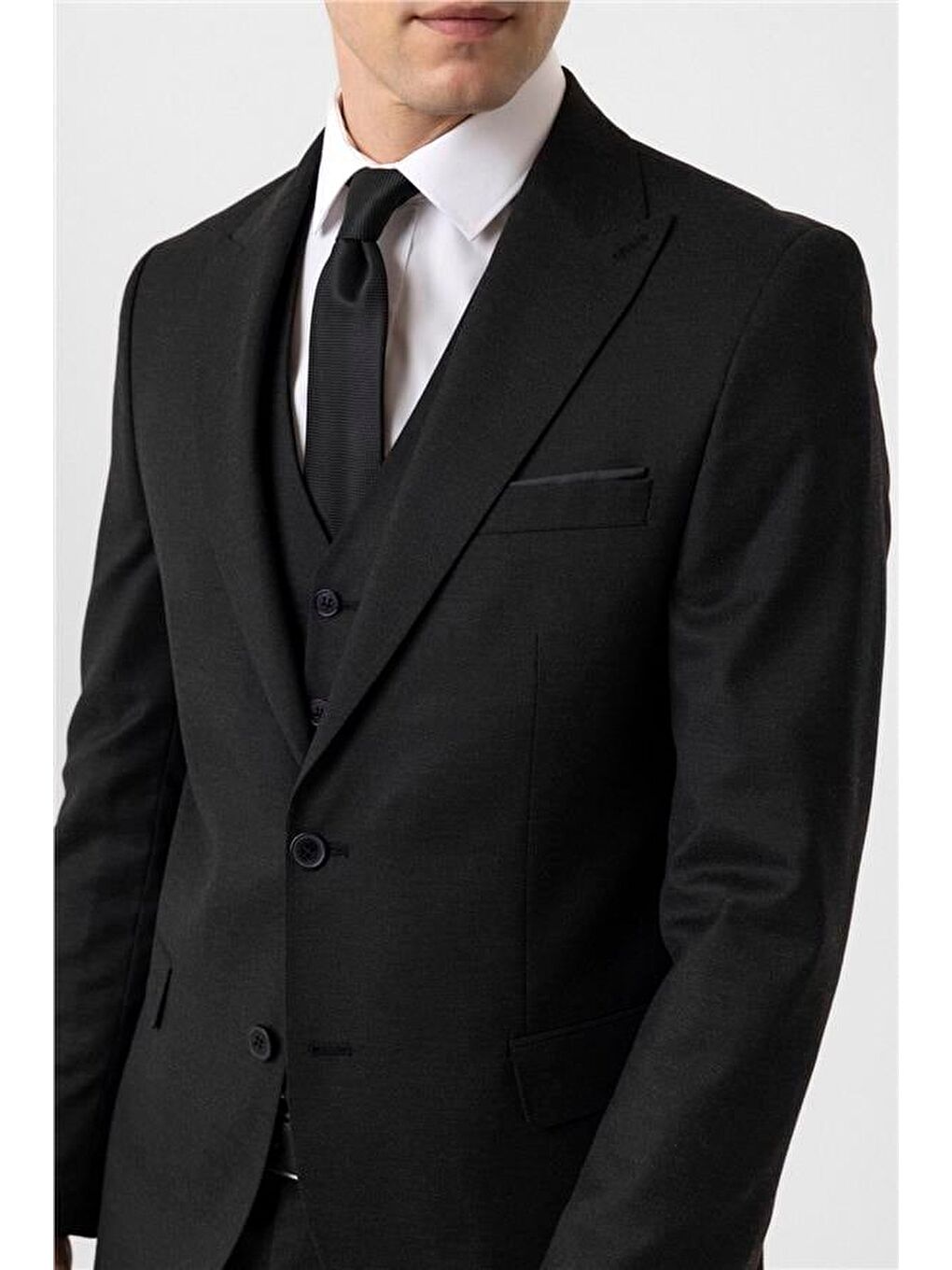 Siyah Slim Armürlü Sivri Yaka 6 Drop Yelekli Takım Elbise-6