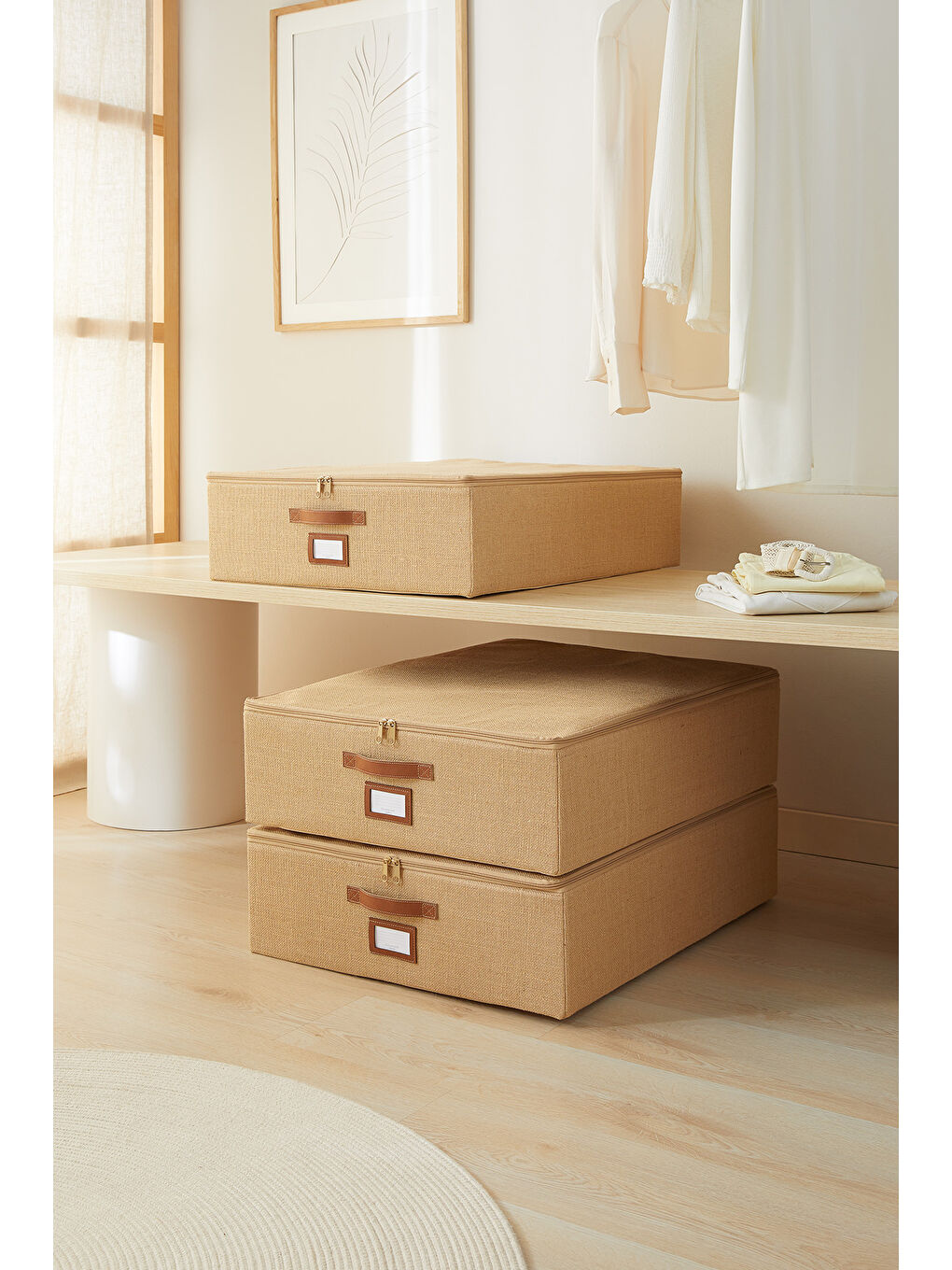 Bej 3'lü Büyük Boy Jüt Destekli Hurç Set 55 x 70 x 18 cm