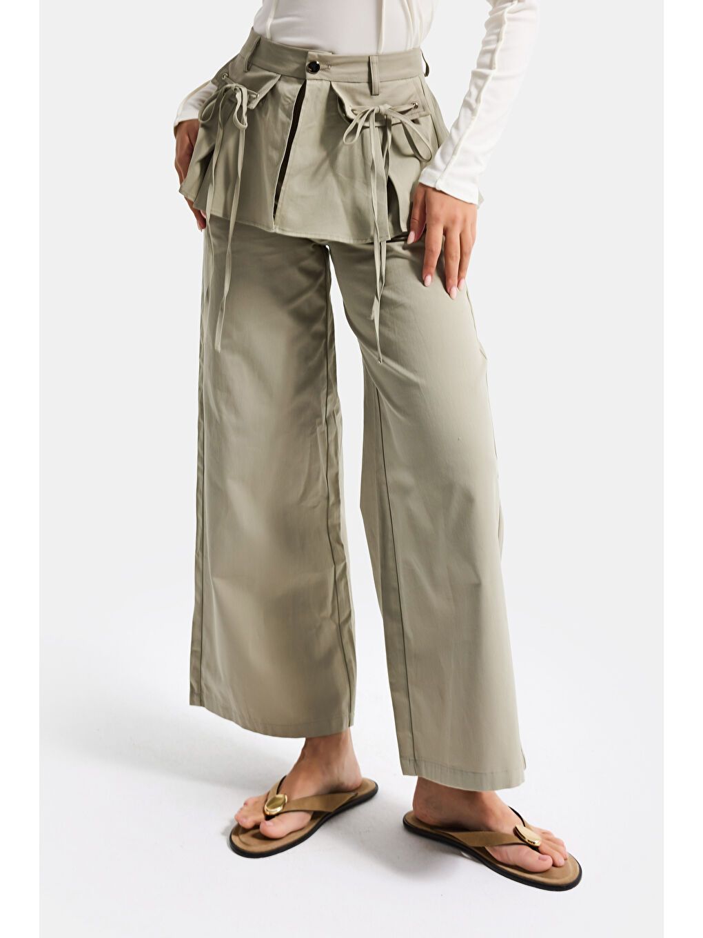 Kadın Haki Yeşil w5 Straight Fit Bol Kesim Kemer Detaylı Özel Tasarım Pantolon-2