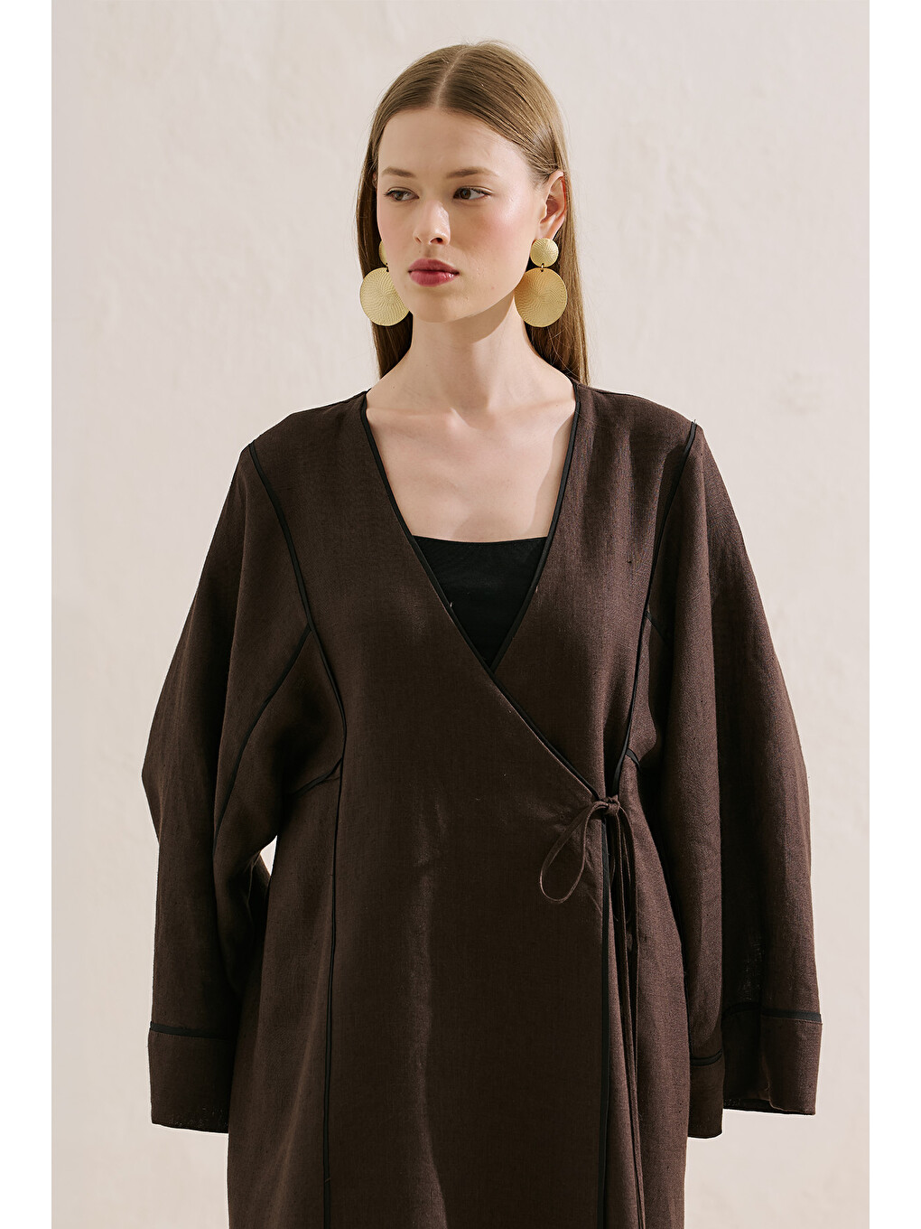 Kahverengi Keten Tasarım Bağlamalı Kimono Acıkahve-1