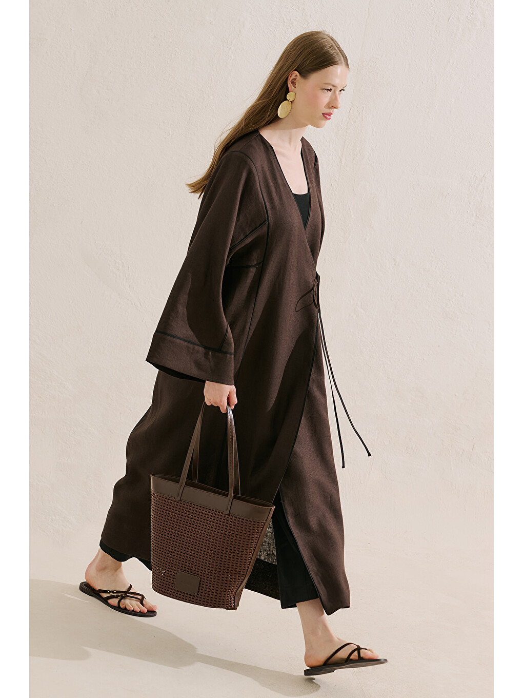 Kahverengi Keten Tasarım Bağlamalı Kimono Acıkahve-2