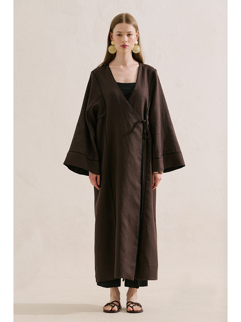 Kahverengi Keten Tasarım Bağlamalı Kimono Acıkahve-3