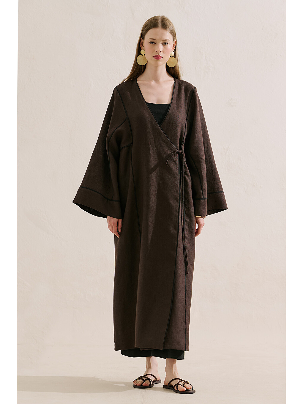 Kahverengi Keten Tasarım Bağlamalı Kimono Acıkahve-4