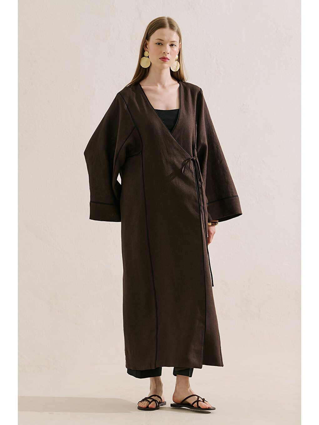 Kahverengi Keten Tasarım Bağlamalı Kimono Acıkahve-5