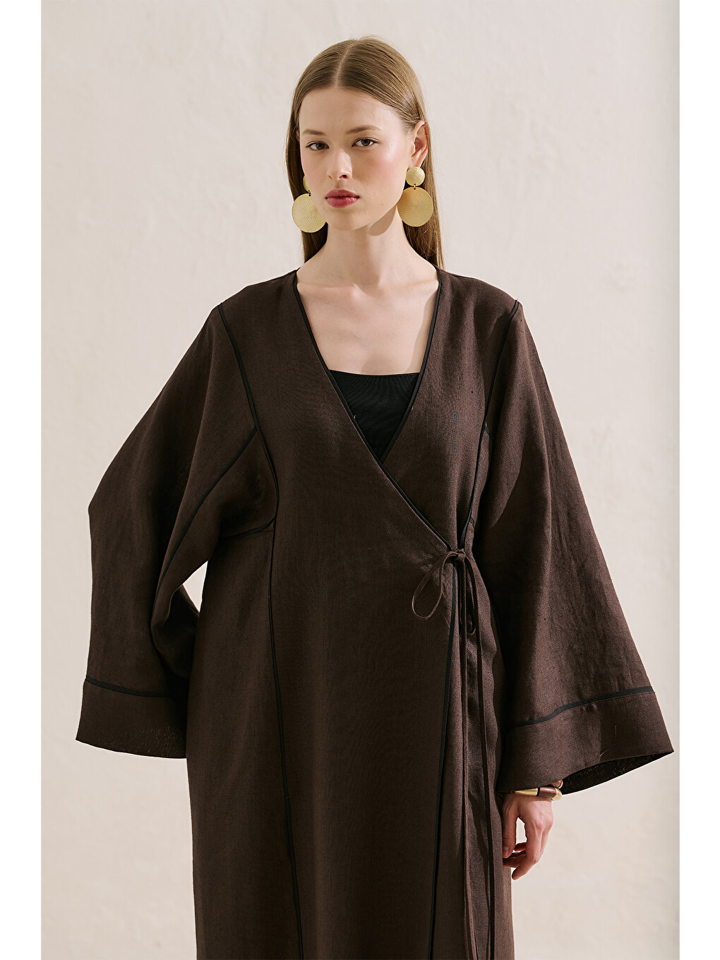 Kahverengi Keten Tasarım Bağlamalı Kimono Acıkahve-6