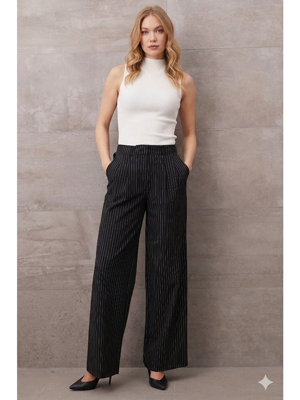 Siyah Çimalı Yüksek Bel Pantolon-1