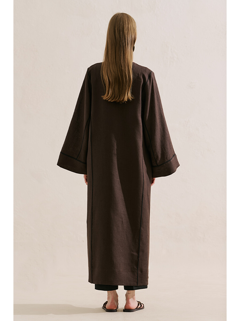 Kahverengi Keten Tasarım Bağlamalı Kimono Acıkahve-7