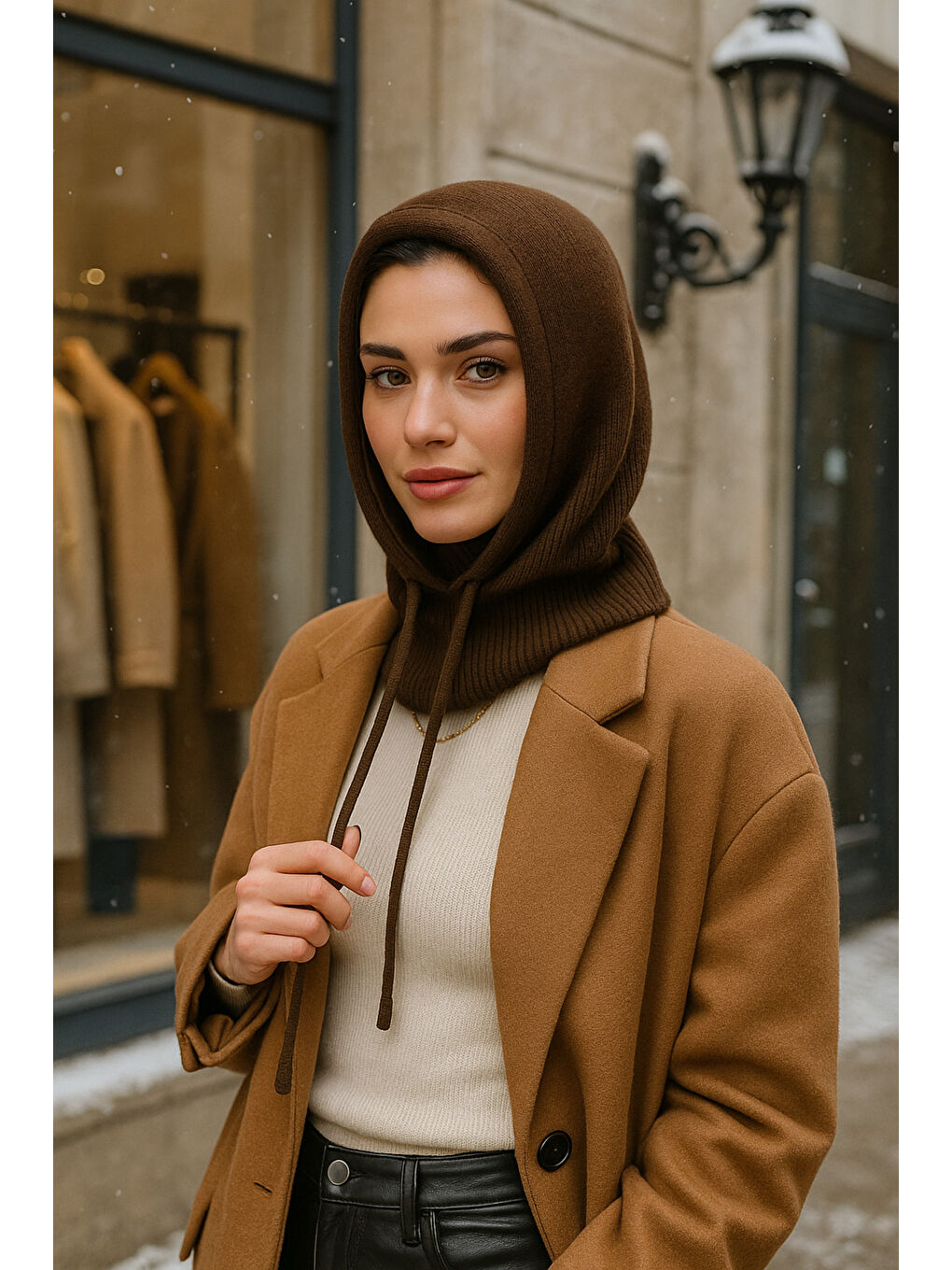 Kahverengi Kadın Triko Kahve Balaklava Boyunluk Şapka BYN05-1