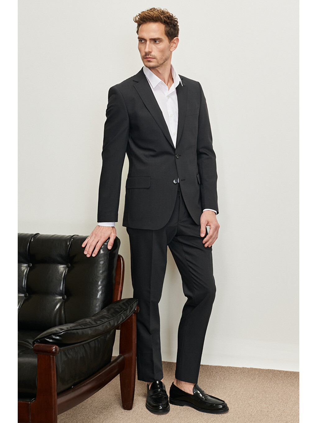 Erkek Antrasit Slim Fit Dar Kesim Mono Yaka Kareli Yünlü Takım Elbise-5