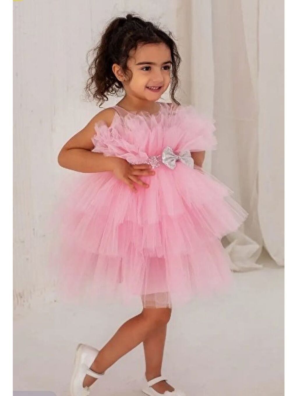 Pembe Saten Kumaş Tütülü Nimfea Kız Çocuk Abiye Elbise MNK0597