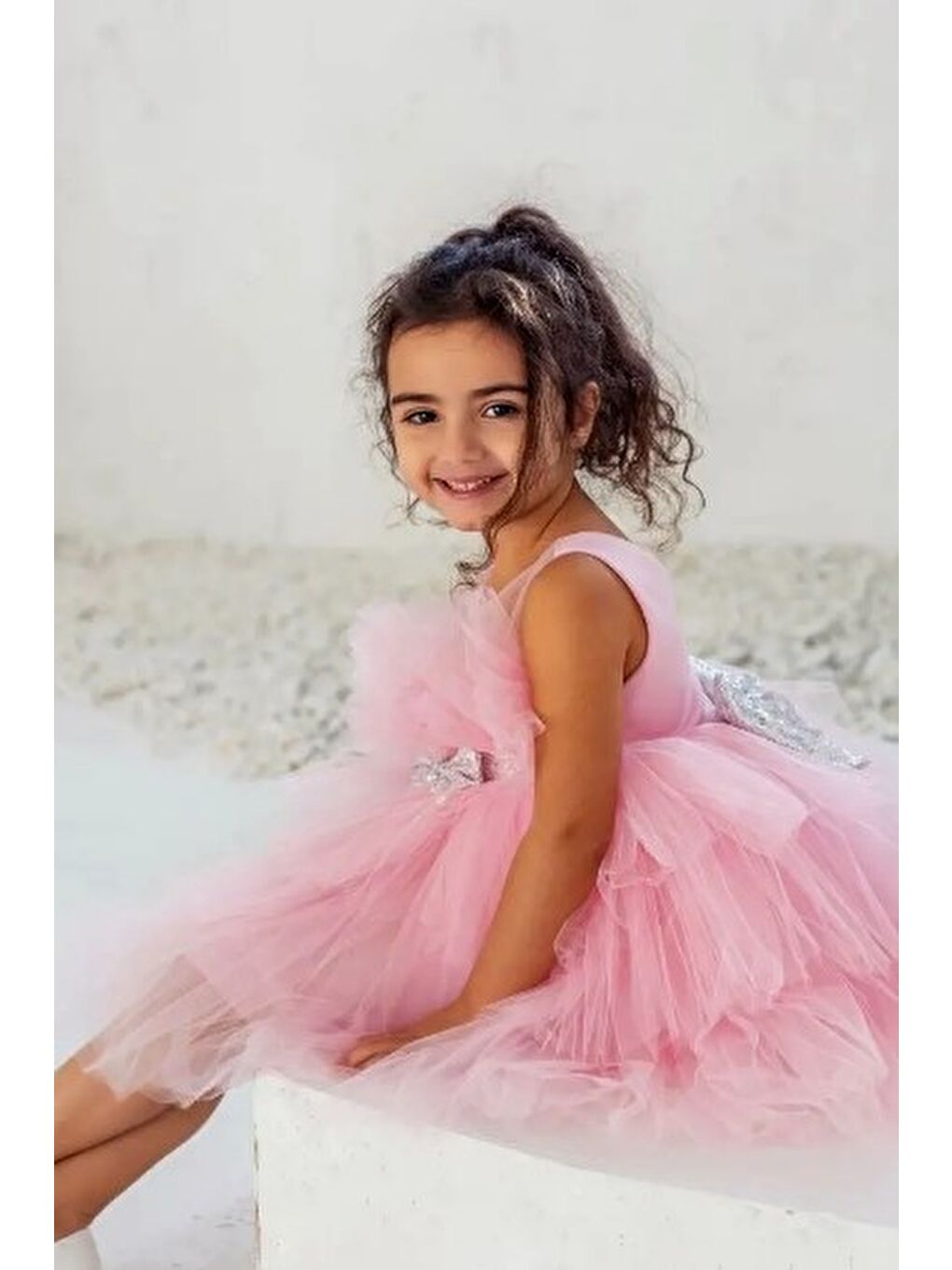 Pembe Saten Kumaş Tütülü Nimfea Kız Çocuk Abiye Elbise MNK0597-1