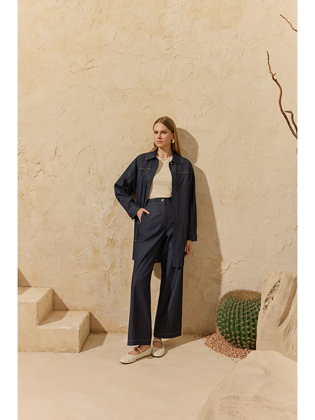 Lacivert Yıkamalı Boru Pantolon