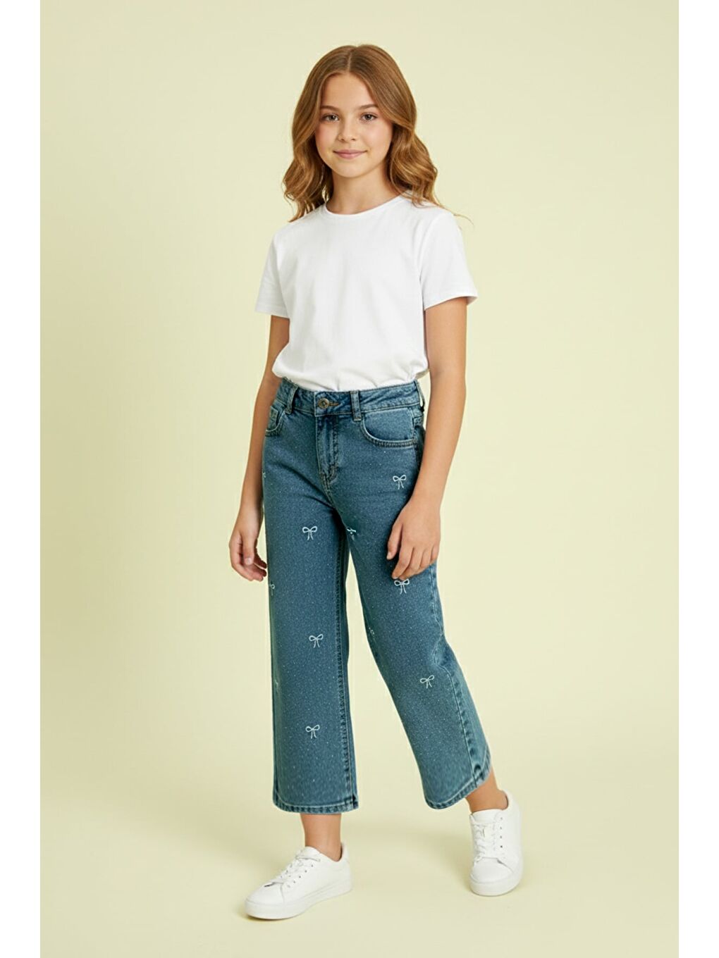 Mavi Beli Ayarlanabilir Nakışlı Taşlı Kız Çocuk Palazzo Pantolon-4