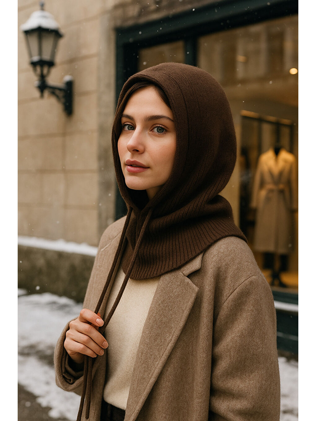 Kahverengi Kadın Triko Kahve Balaklava Boyunluk Şapka BYN05-2