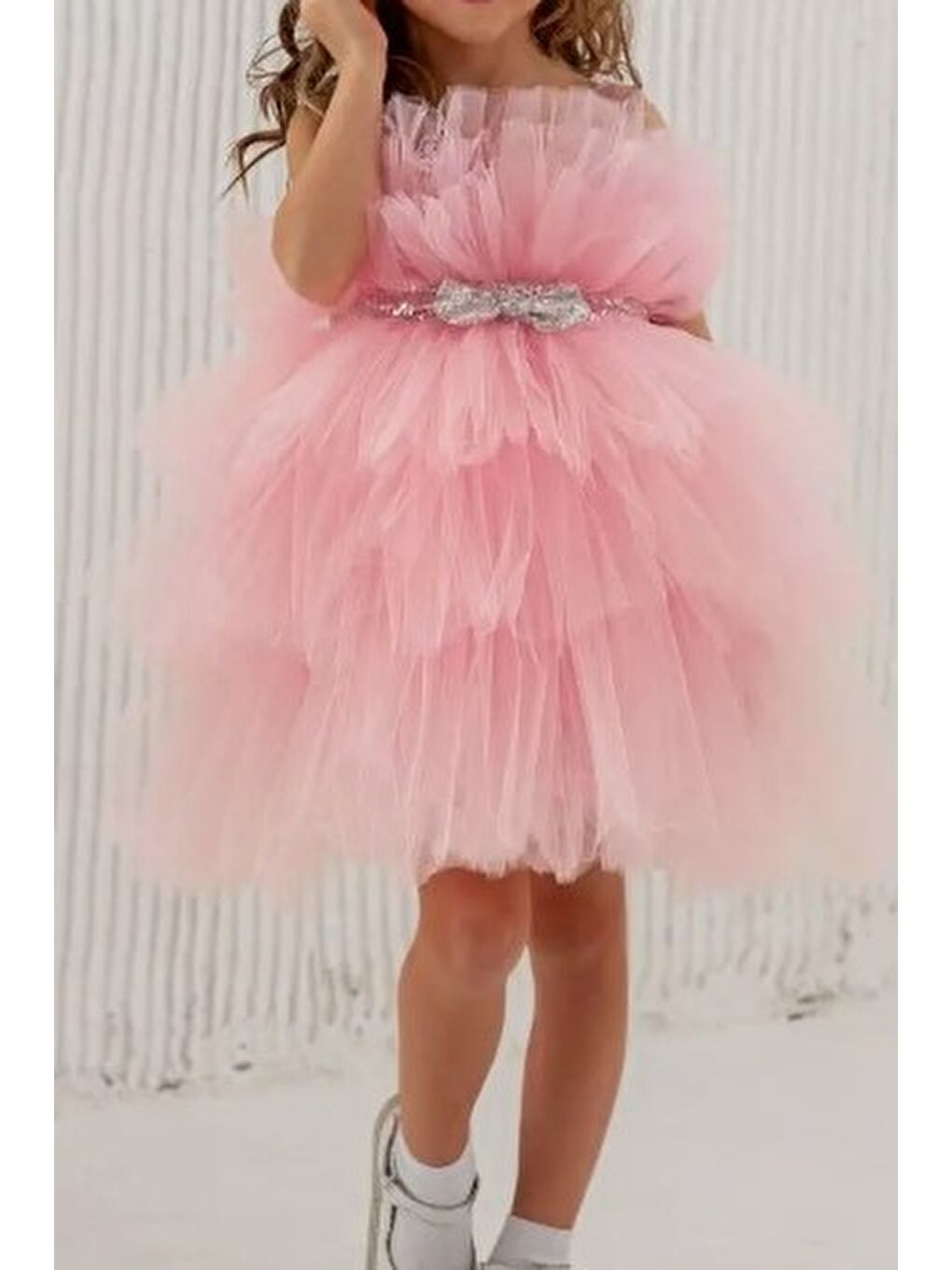 Pembe Saten Kumaş Tütülü Nimfea Kız Çocuk Abiye Elbise MNK0597-2