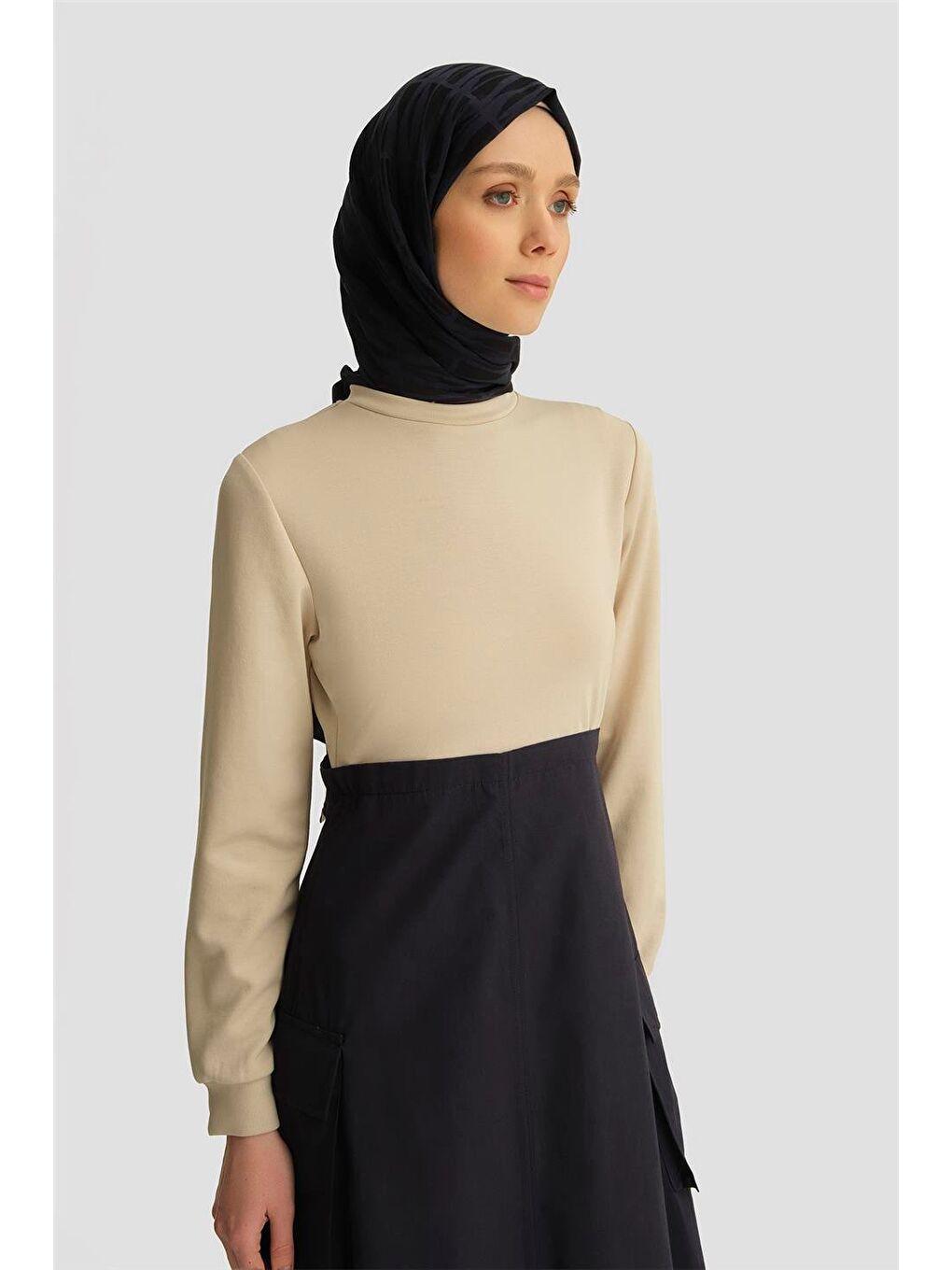 Paraşüt Kumaş Mix Örme Elbise Ortd9437 Lacivert-2