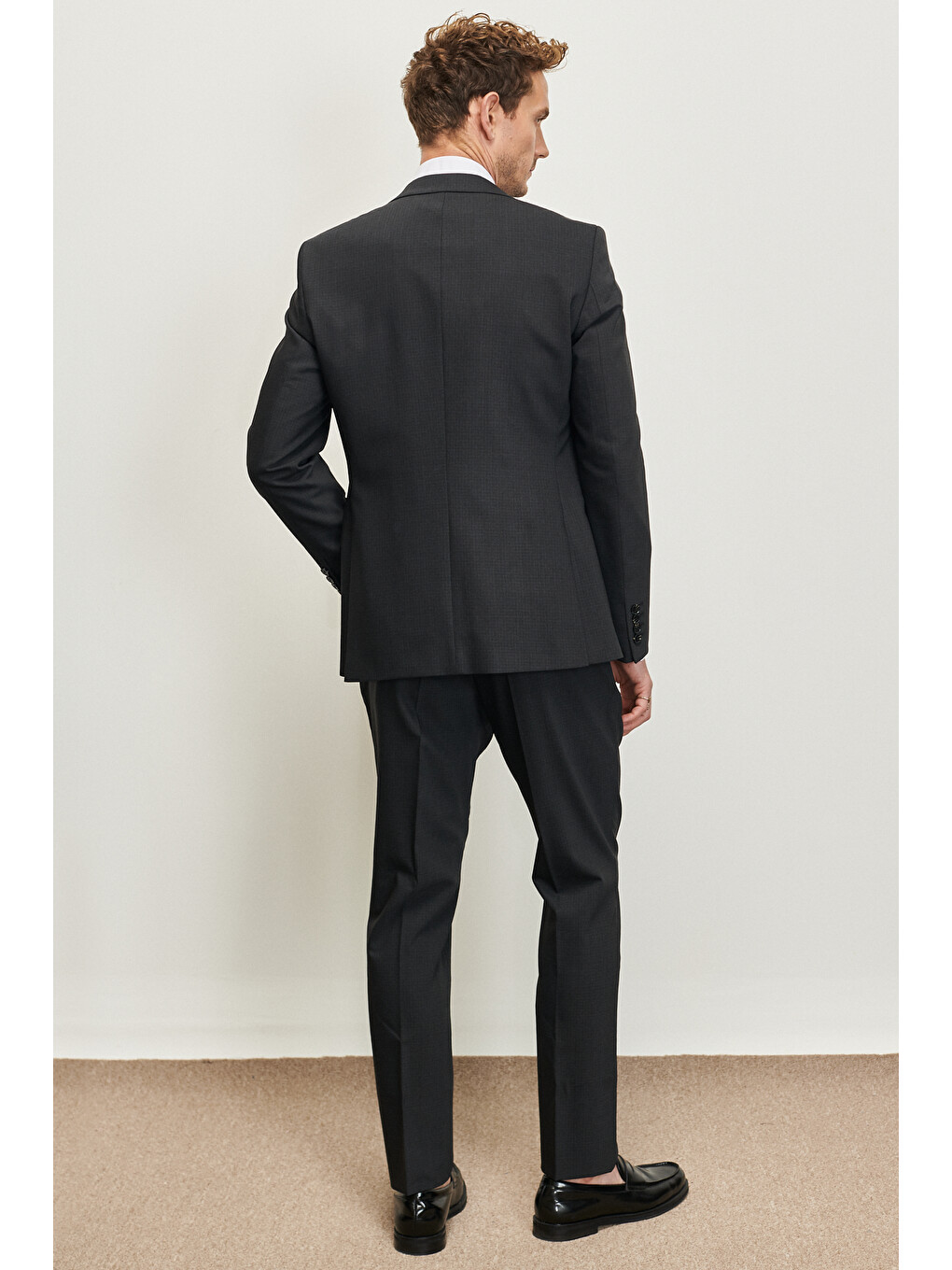 Erkek Antrasit Slim Fit Dar Kesim Mono Yaka Kareli Yünlü Takım Elbise-6