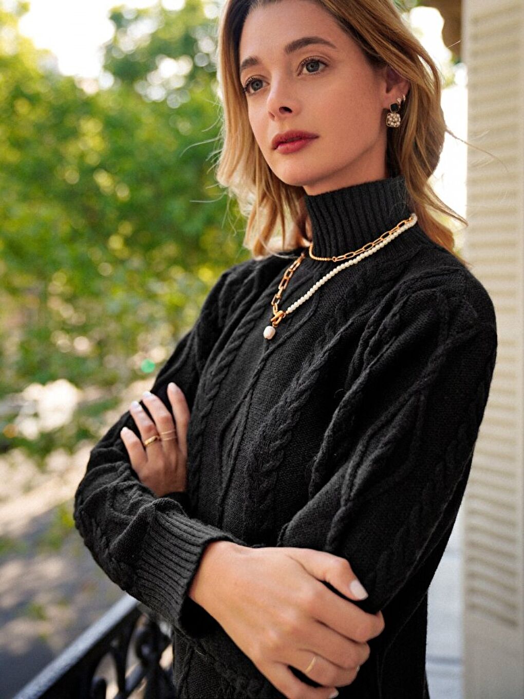 Siyah Loren Yünlü Motifli Midi Boy Triko Elbise-1