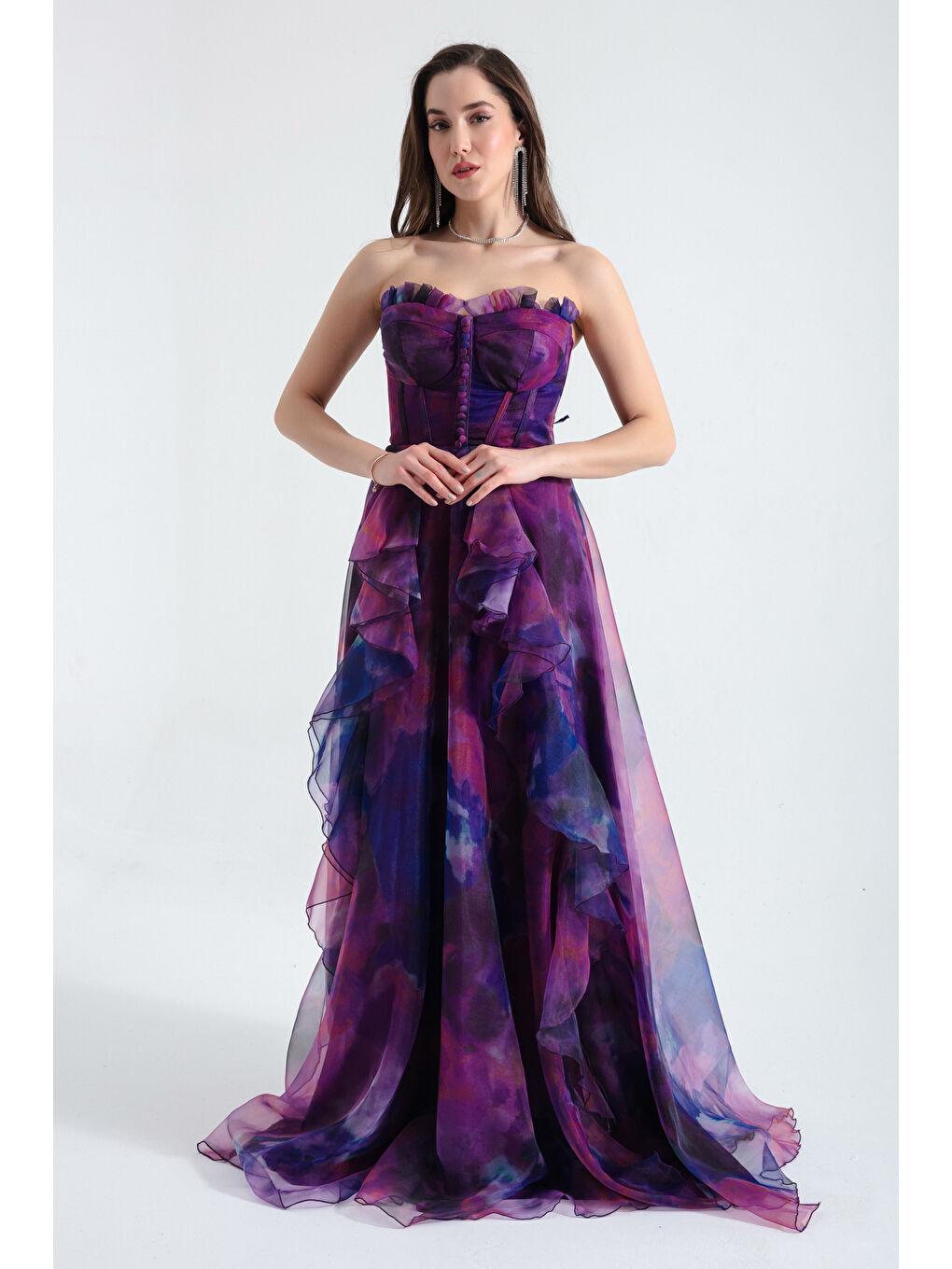 Kadın Mor Straplez Organze Uzun Abiye Elbise-1