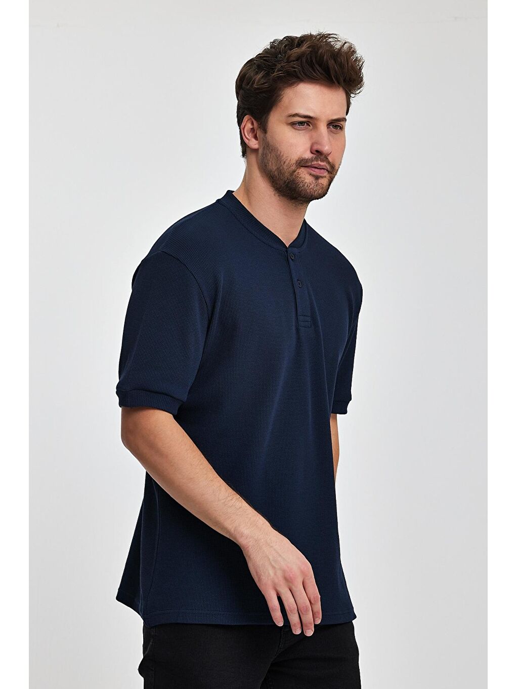 İndigo Önü Düğmeli Bisiklet Yaka Erkek Tişört-3