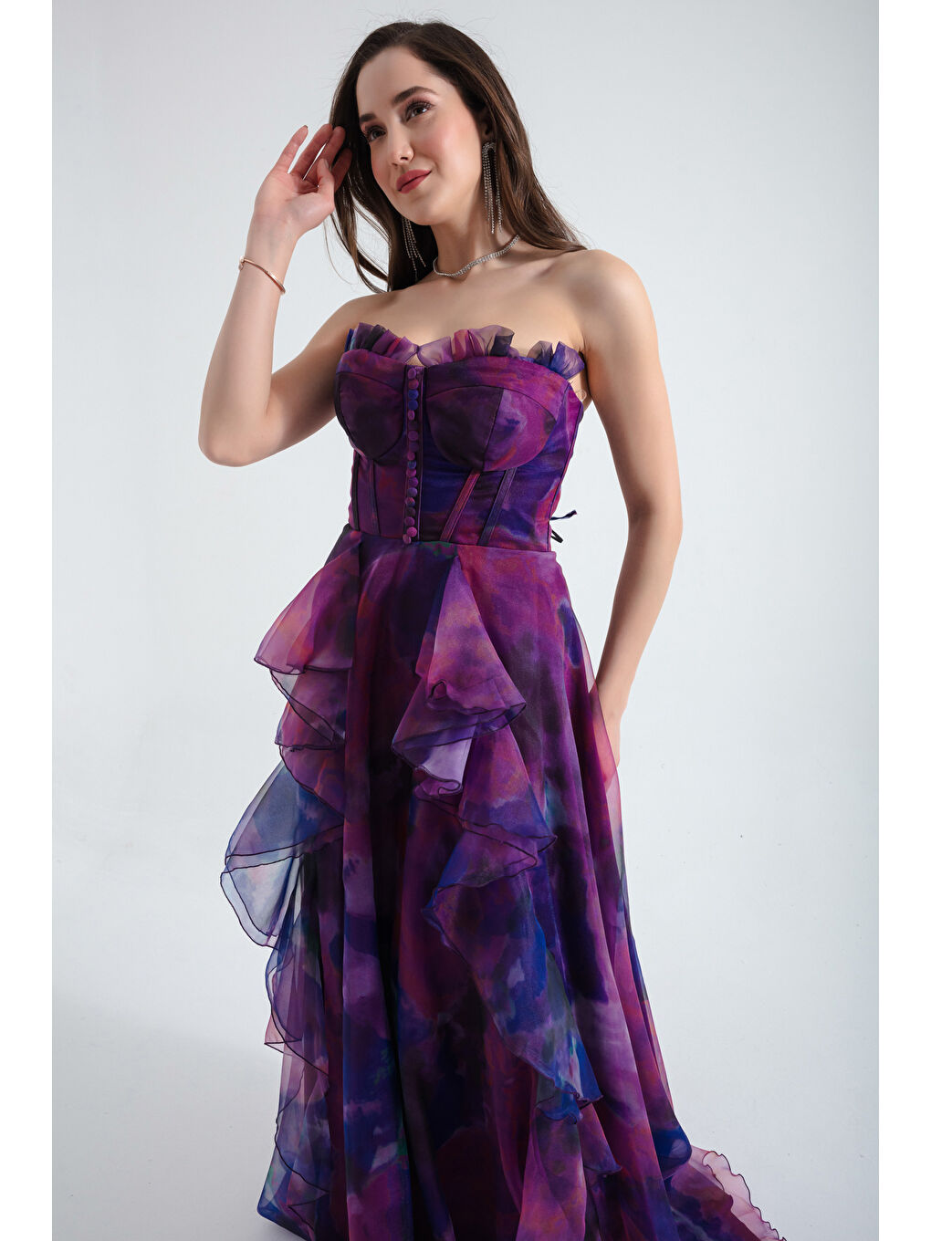 Kadın Mor Straplez Organze Uzun Abiye Elbise-2