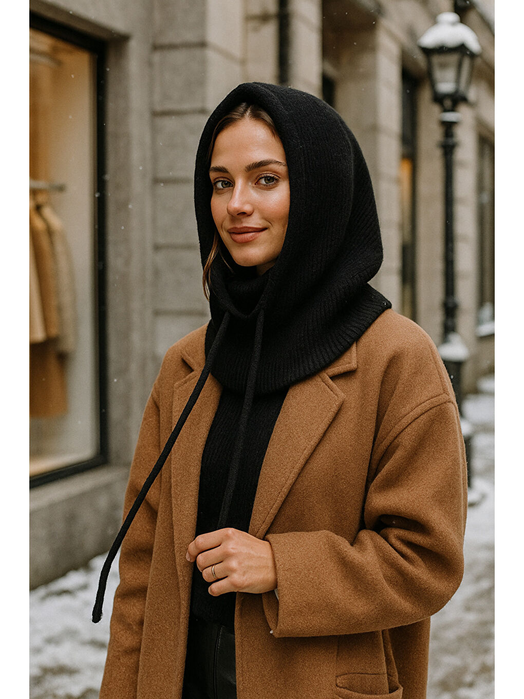 Kadın Triko Siyah Balaklava Boyunluk Şapka BYN05-1