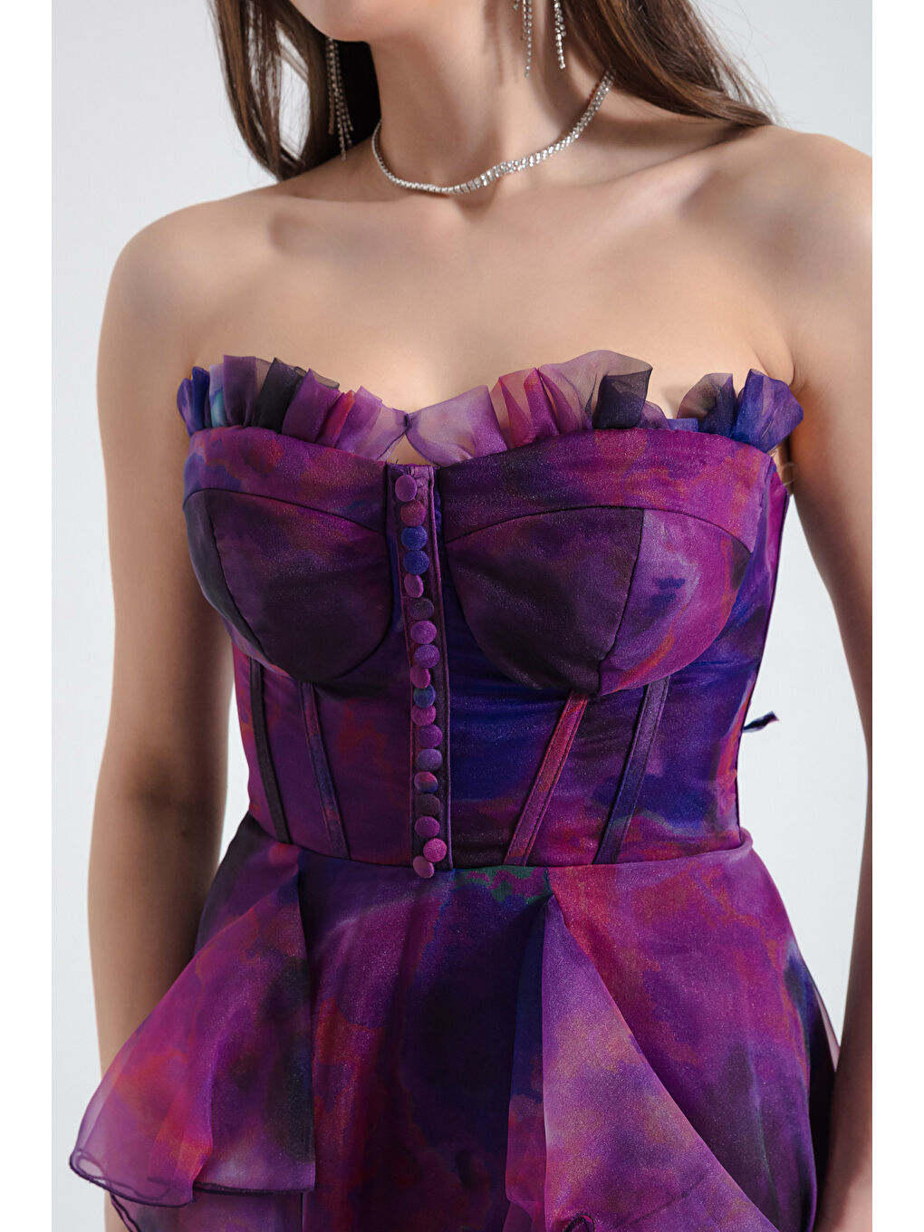 Kadın Mor Straplez Organze Uzun Abiye Elbise-3