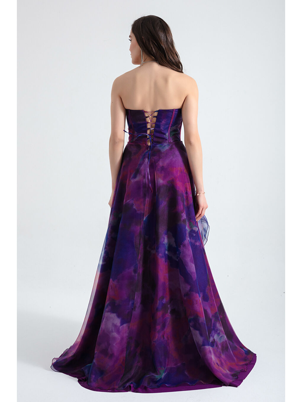 Kadın Mor Straplez Organze Uzun Abiye Elbise-4