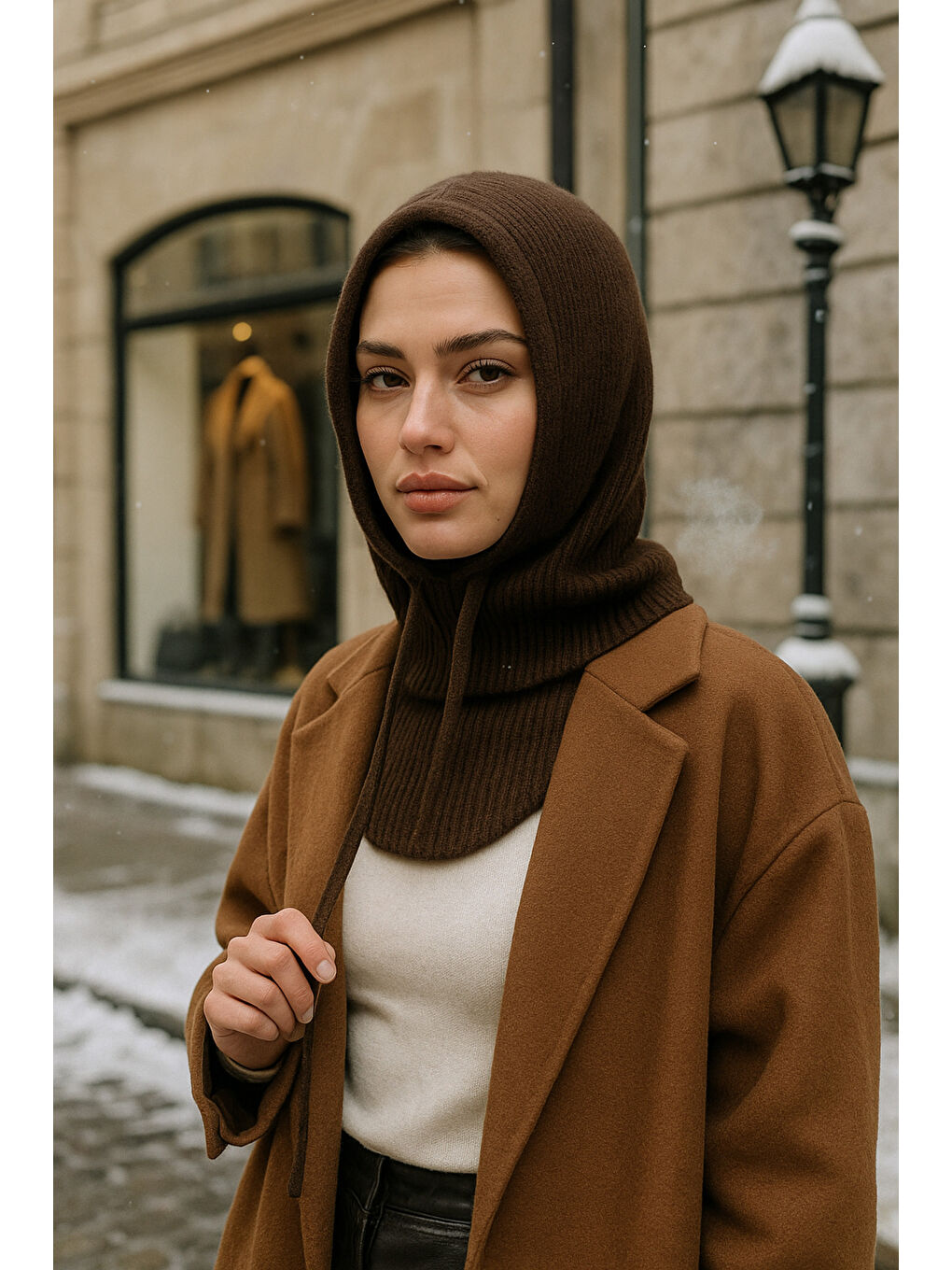 Kahverengi Kadın Triko Kahve Balaklava Boyunluk Şapka BYN05-3