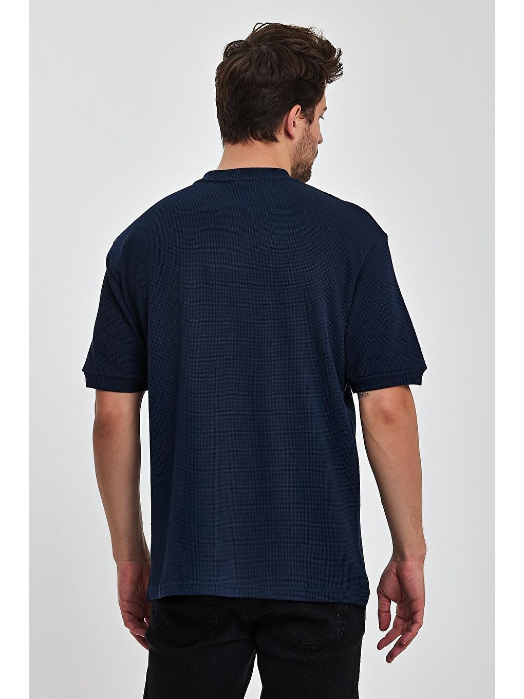 İndigo Önü Düğmeli Bisiklet Yaka Erkek Tişört-4