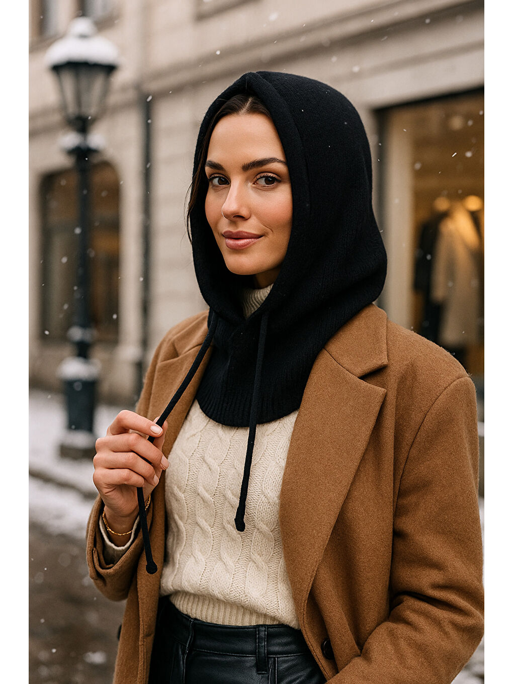 Kadın Triko Siyah Balaklava Boyunluk Şapka BYN05-2