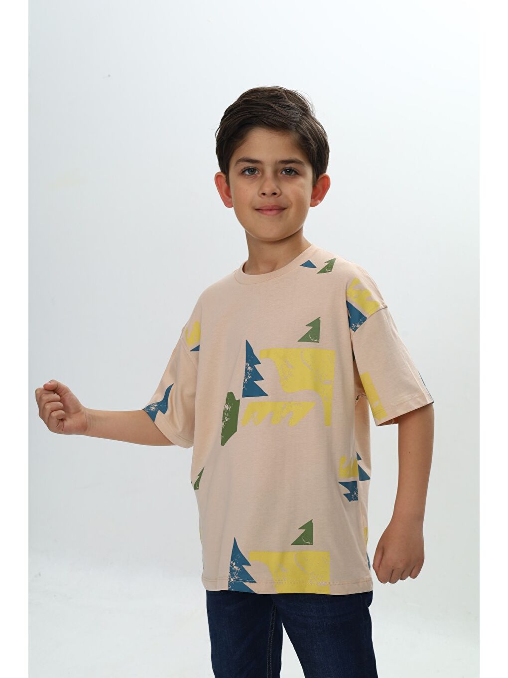 Bej Erkek Çocuk Renkli Grafik Baskılı Tişört-1