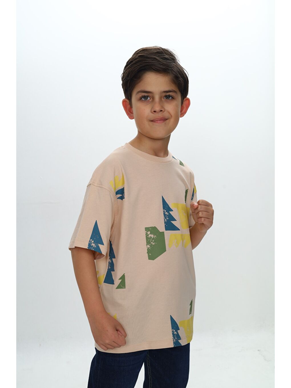 Bej Erkek Çocuk Renkli Grafik Baskılı Tişört-2