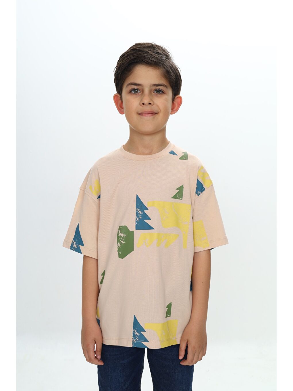 Bej Erkek Çocuk Renkli Grafik Baskılı Tişört-4