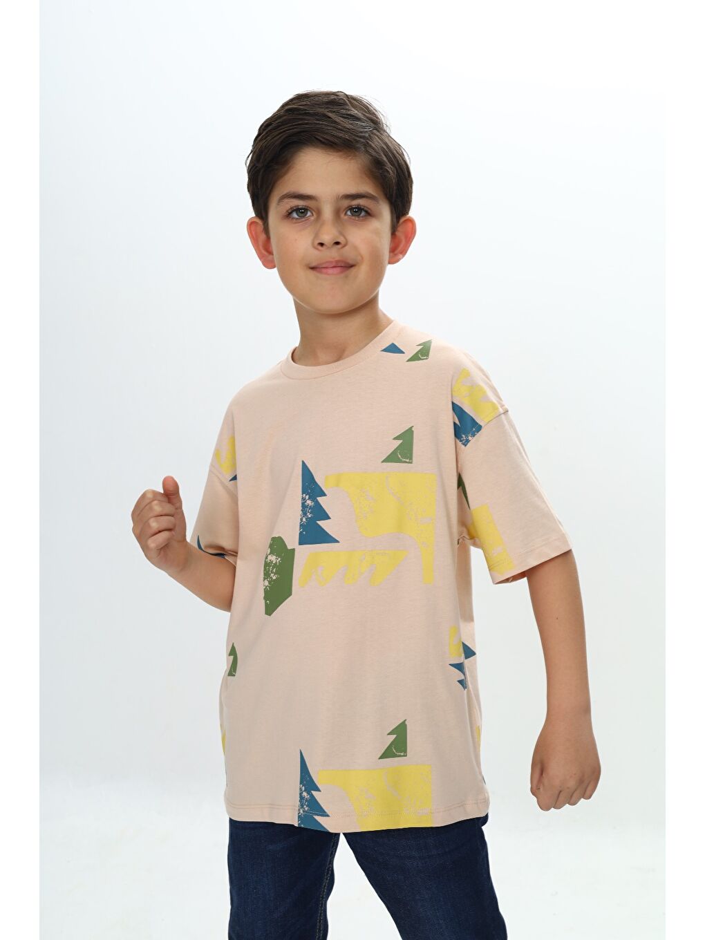 Bej Erkek Çocuk Renkli Grafik Baskılı Tişört-5
