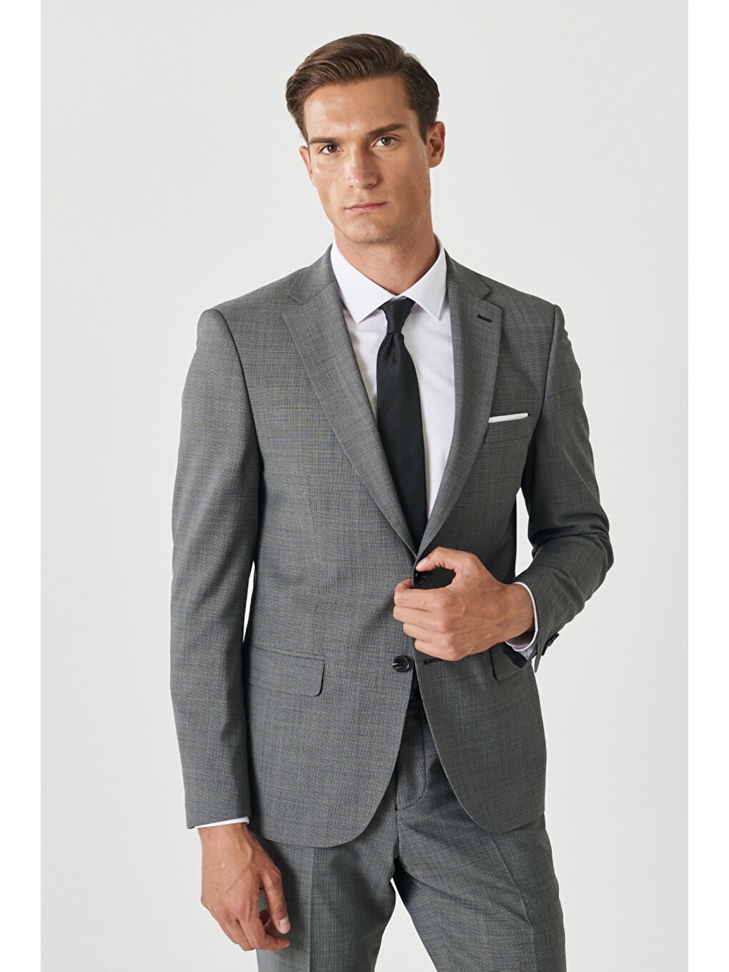 Erkek Siyah-gri Slim Fit Dar Kesim Mono Yaka Desenli Takım Elbise
