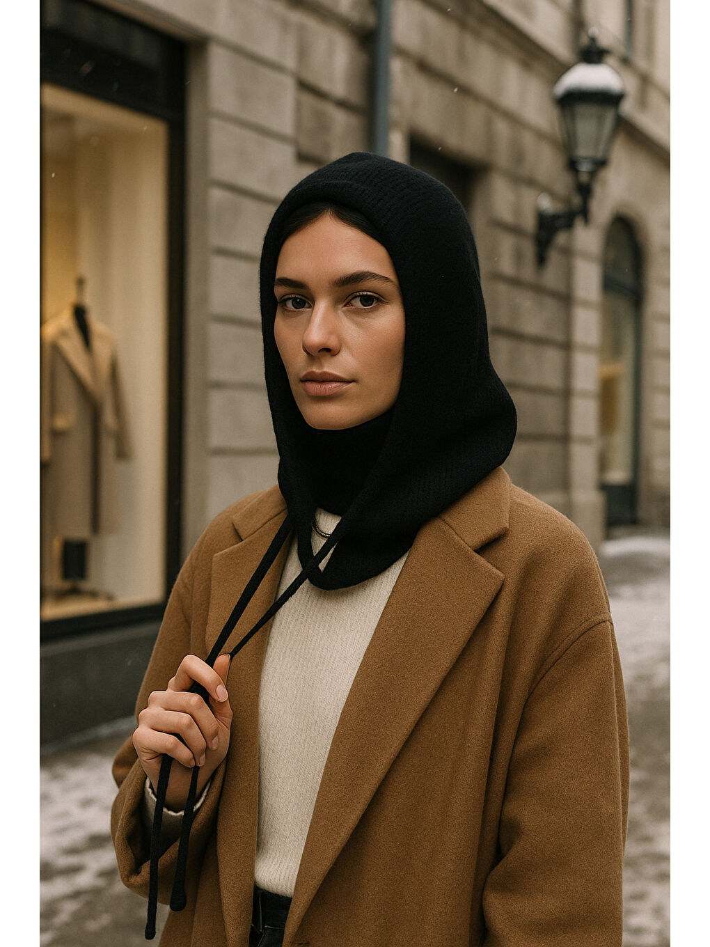 Kadın Triko Siyah Balaklava Boyunluk Şapka BYN05-3