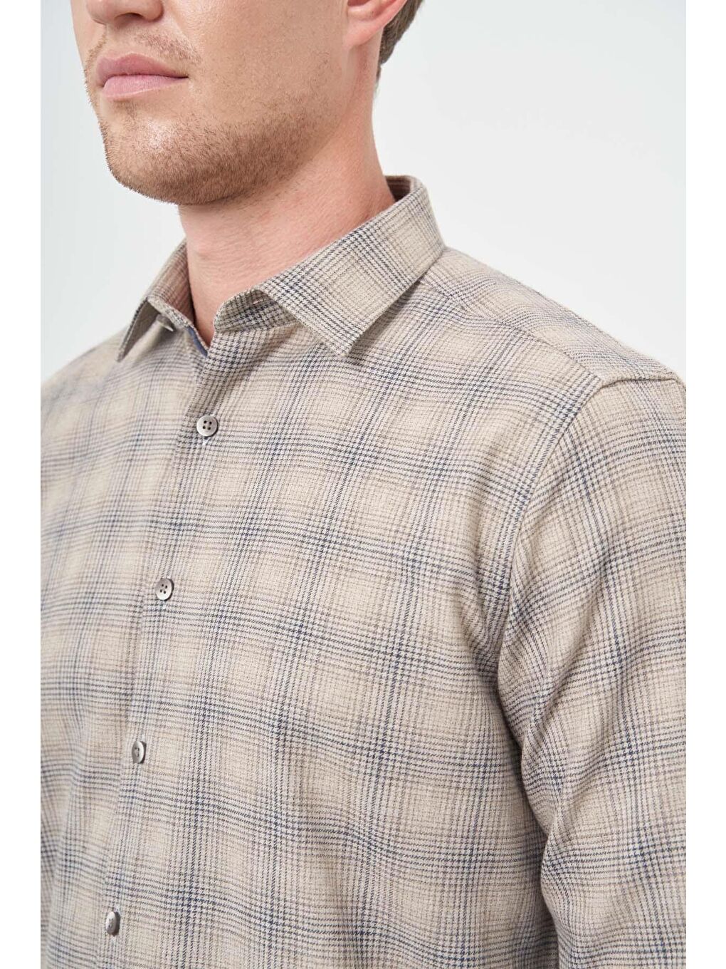 Kahverengi Camel Uzun Kol Ekose Desen Gabardin Sert Yaka Cepsiz Pamuklu Classic Comfort Fit Gömlek 1004245165-3