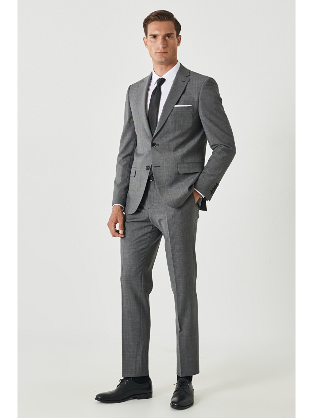 Erkek Siyah-gri Slim Fit Dar Kesim Mono Yaka Desenli Takım Elbise-1